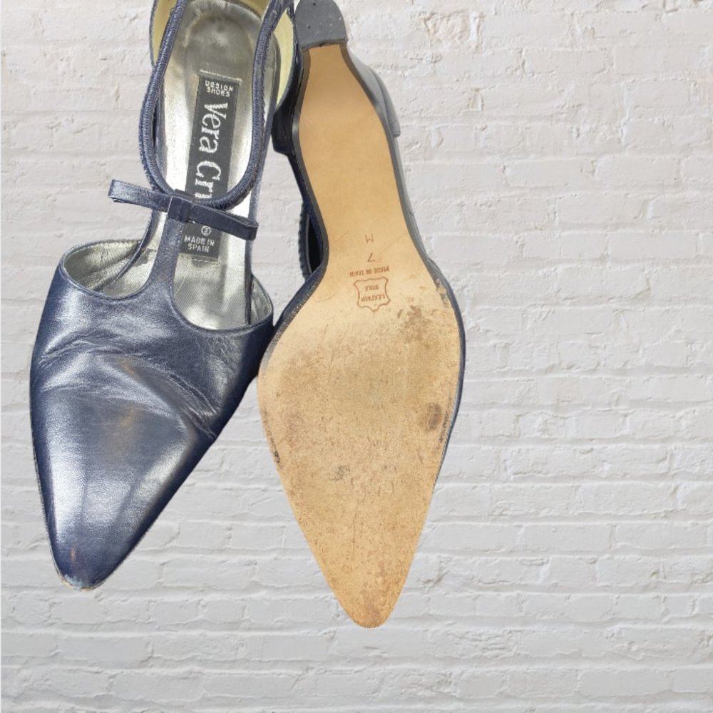 VINTAGE VERA CRUZ -- Navy Blue Heels, Low Heel, Bow Detail, Made in Spain - Picture 6 of 11